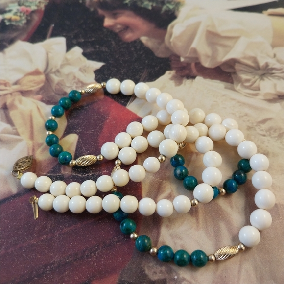 Elegant Cream and Teal Beaded Necklace Sterling Silver - Picture 10 of 14